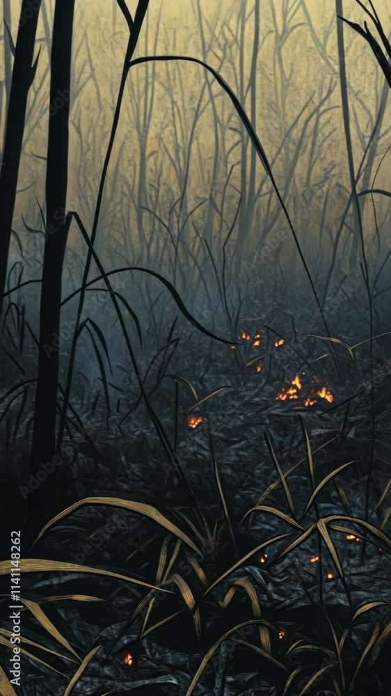 Poster dense fog envelops a mysterious forest floor in a quiet and surreal landscape with patches of glowin