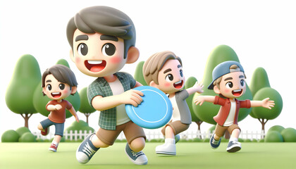 3D Friends playing frisbee in the park candid outdoor shot with copy space concept as A candid moment of friends playing frisbee in a park laughing and having fun together. The joy of movement and fri