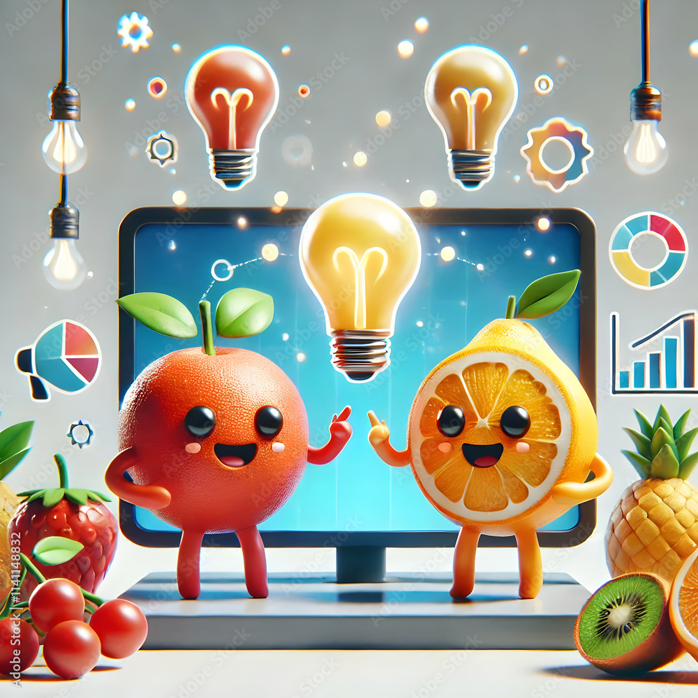 Poster 3d fruit entrepreneurs pitching ideas concept as two lively fruits present their startup ideas on a 