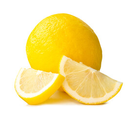 Front view of single fresh ripe yellow lemon fruit with slices or pieces isolated on white...