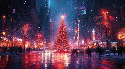 Fototapeta premium Christmas Tree City Square Night Illumination Winter Urban Landscape