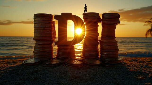 Simple silhouette of a person on a coin mountain against a rising sun, embodying financial success and the journey to accomplishment in a sleek style.