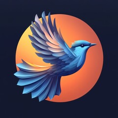 Fototapeta premium A stylized blue bird in flight against a vibrant orange circle.