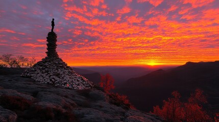 A minimalistic silhouette of an individual on a coin pile under a glowing sunrise, representing triumph and achievement in finances.