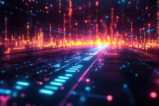 Futuristic Financial Growth Chart with Glowing Candlestick Patterns and Moving Averages on Dark Background