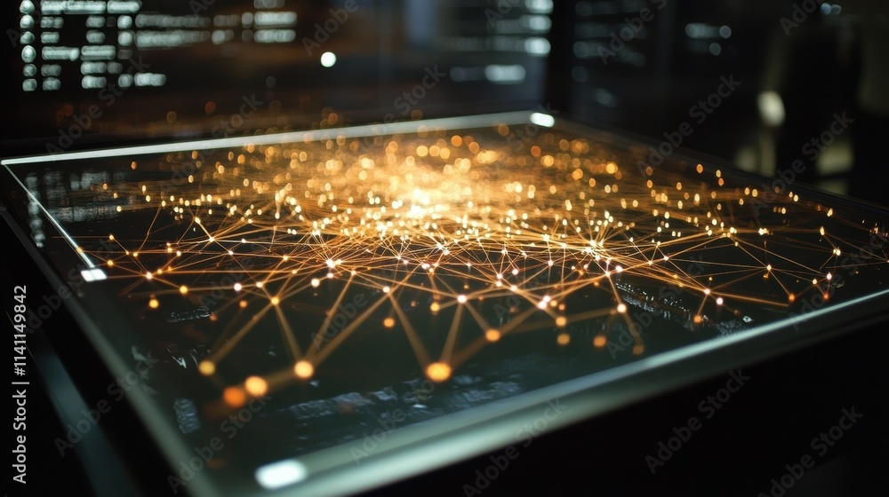 Poster a network diagram displayed on a sleek monitor with interconnected nodes representing diverse privat