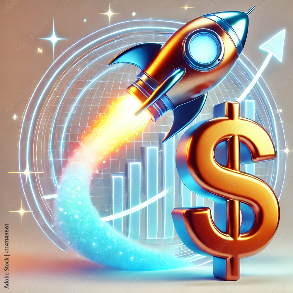 Poster 3d holographic rocket launching from a glowing dollar sign with copy space concept as a dynamic imag