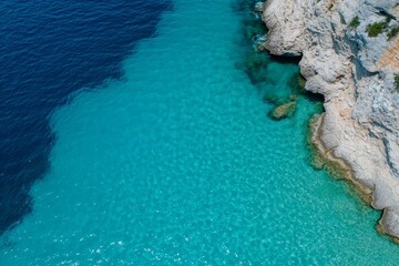 The water is blue and the rocks are white