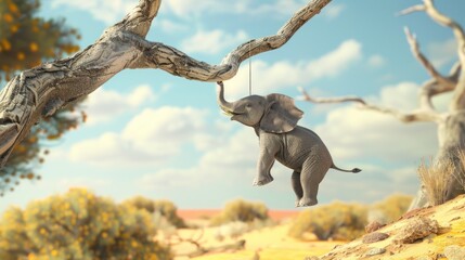 Baby Elephant Swinging on a Tree Branch