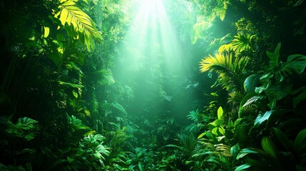 Obraz premium A realistic photo of a lush green forest with sunlight streaming through the trees, emphasizing the significance of preserving natural habitats for biodiversity.