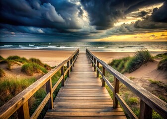 Fototapeta premium Dramatic coastal photography: high-resolution images of a moody beach walkway and its accessible path.