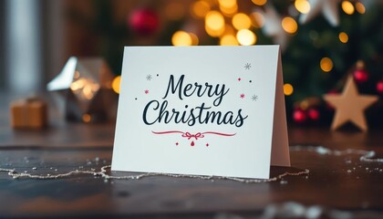 A festive Christmas card with "Merry Christmas" written elegantly, set against a cozy backdrop.
