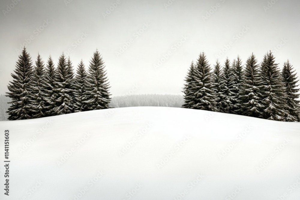 Poster a snowy field with two rows of pine trees