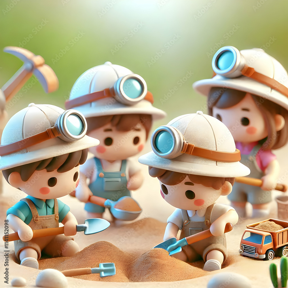 Poster 3d children acting as archaeologists digging for treasure in a sandbox with a macro close up and cop