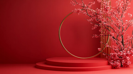 E-commerce product exhibition booth with red flower background