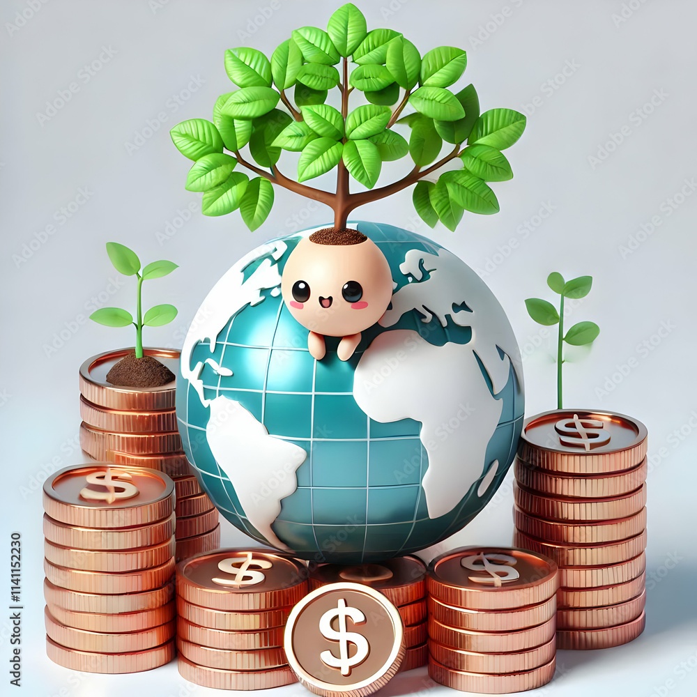 Poster 3d globe with growing tree atop stack of coins and copy space concept as glossy image of a globe wit