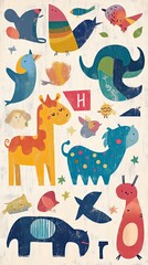 Colorful stylized animals and birds on a textured background