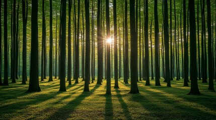 Fototapeta premium A richly detailed forest bathed in sunlight, a realistic representation that celebrates nature and emphasizes the need for habitat conservation for biodiversity.