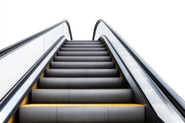 Modern escalator with reflection on glass railings against white background
