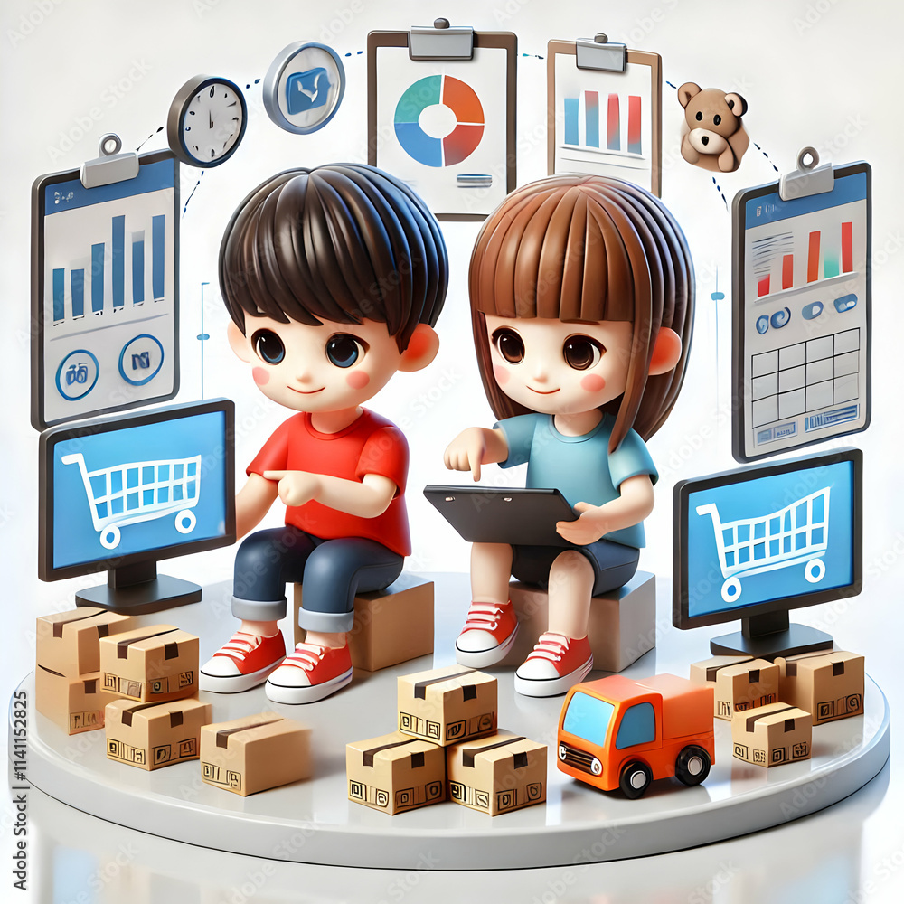 Poster 3d kids managing a toy inventory system concept as two focused kids manage a toy inventory system wi