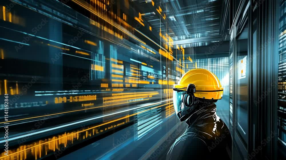 Poster worker in a hard hat engages with digital data stream in a high-tech environment during a modern ind