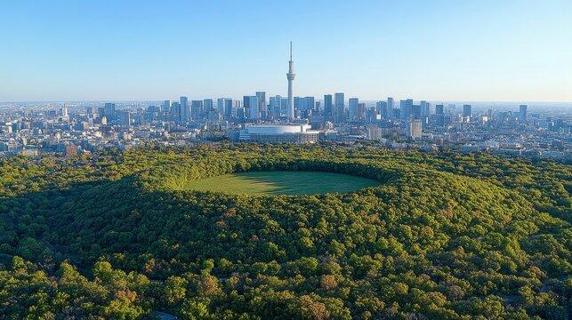 Green hillside with dense vegetation in the foreground, transitioning to a modern city skyline in the background, blending tranquility and progress.