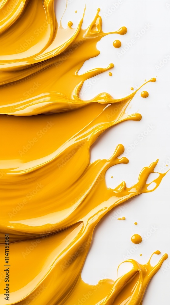 Poster vibrant yellow paint swirls and splatters across a white background, creating a dynamic and energeti