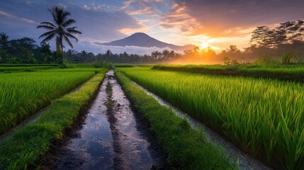 Obraz premium Sunrise over lush green rice paddies and majestic mountain