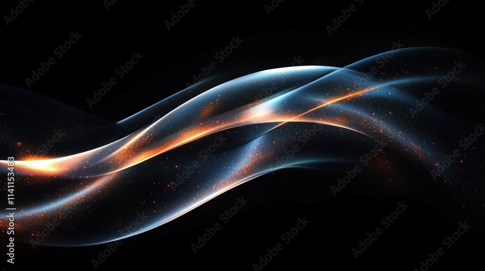 Poster futuristic abstract design with soft luminescent lights and flowing curves on black background