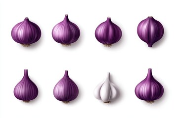Pattern of purple onions and single garlic bulb on white background