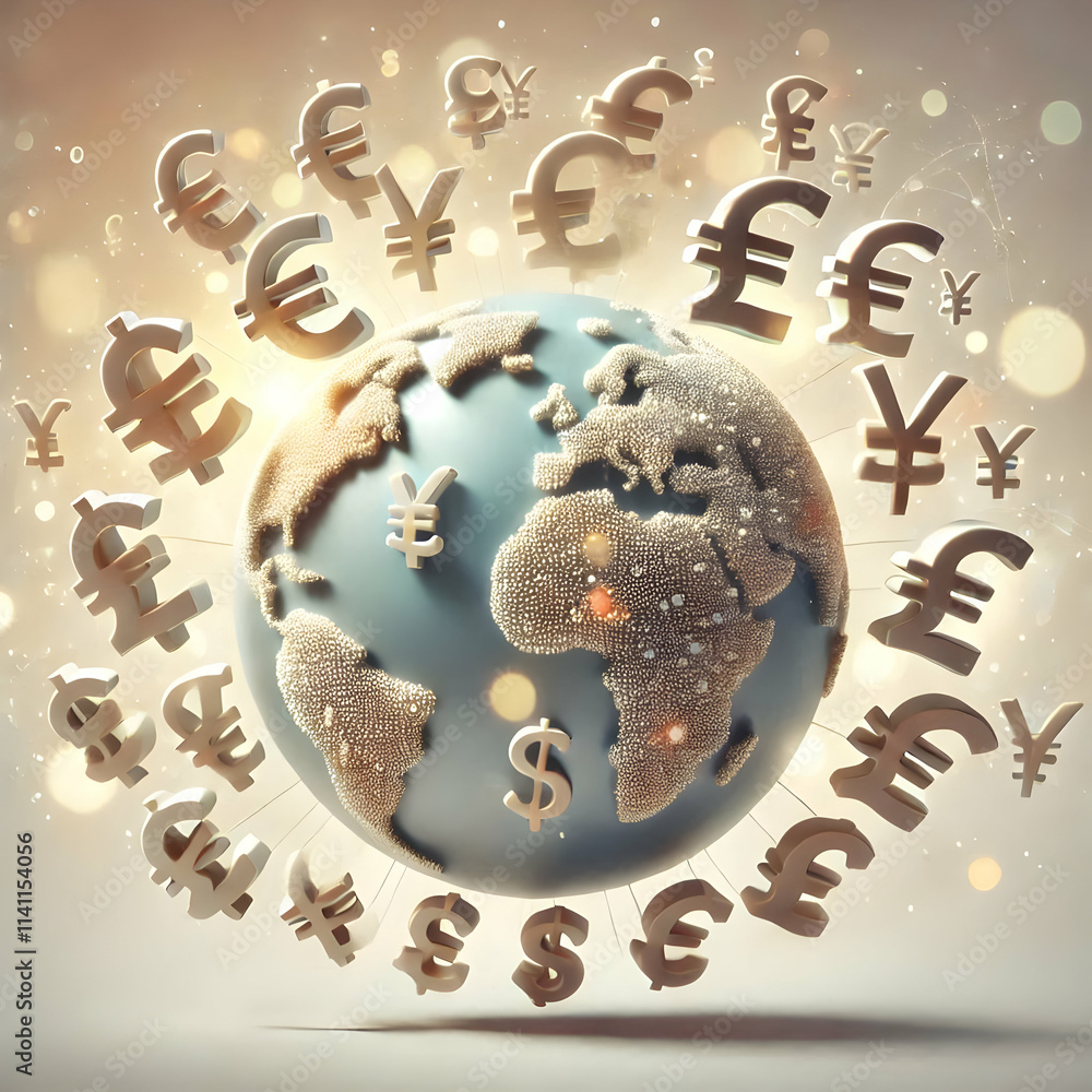 Poster 3d soft abstract of a globe emitting currency symbols with bokeh lights concept as a digital artwork