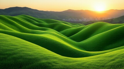 A lush green hillside contrasting with a distant urban skyline, portraying the balance of natural landscapes and urban environments.
