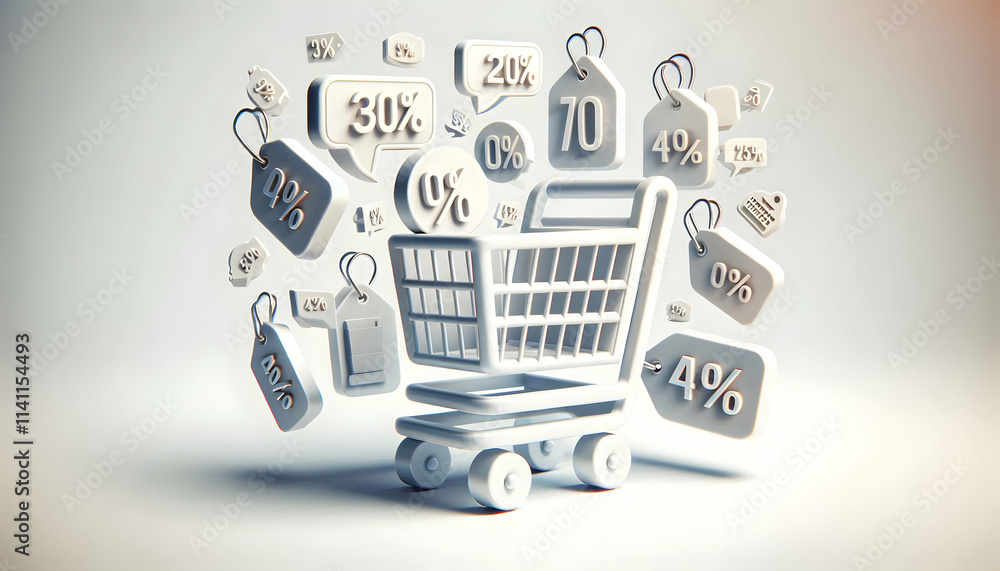 Poster 3d plain background with a shopping cart and discount tags concept as a simple plain white backgroun