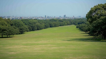 Obraz premium A hillside blanketed in lush greenery, with a bustling cityscape visible in the distance, harmonizing nature's beauty with urban vibrancy.