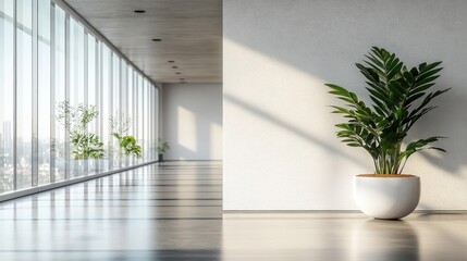 Modern Office Interior with White Wall and Potted Plant for Mockups in Minimalist Design