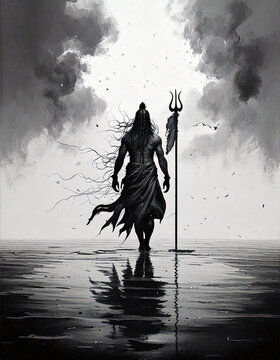 Silhouette of Lord Shiva standing beside his trident, depicted in a black-and-white illustration.






