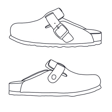 recommend clip art: Women's Mules Arch Support Potato Shoes with Comfort Cork Footbed Line art, Technical sketch hand drawing outline vector doodle side view isolated on white background for coloring page