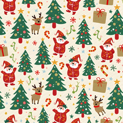 Obraz premium Christmas Pattern with Santa, Reindeer, and Trees 