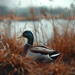 Fototapeta premium mallard (male duck) in natural habitat. A duck sits among dry reed thickets on the shore of a pond 