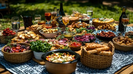 A group of friends sharing food in a minimalist park picnic scene, highlighting the role of social interaction in promoting well-being and a sense of belonging.