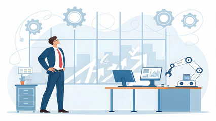 Modern Office Workspace with Laptop, Notepad, and Coffee Cup on Wooden Desk