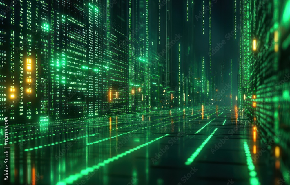 Aufkleber futuristic digital landscape with cascading binary code in neon green cyberpunk aesthetic