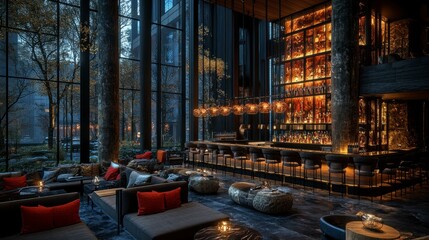 A detailed 3D illustration of a stylish lounge featuring plush seating, a sleek bar with ambient lighting, and modern decor, exuding sophistication and comfort.