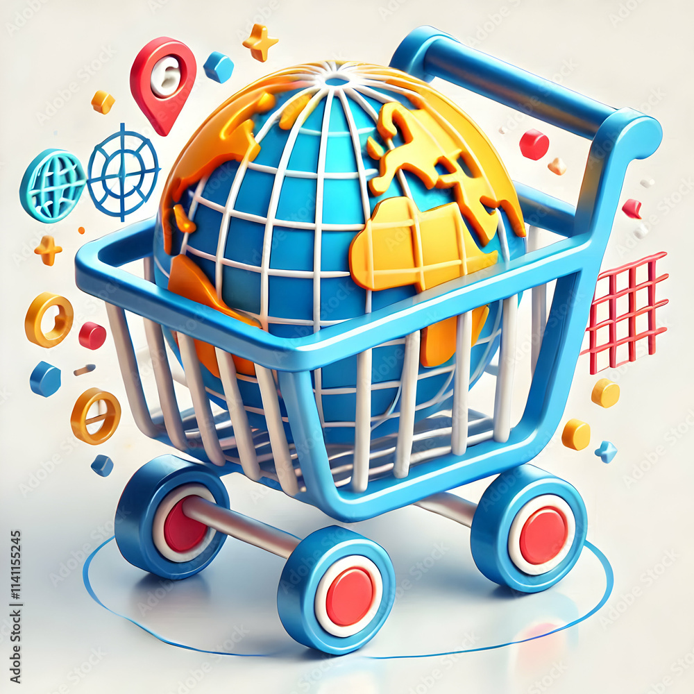 Poster 3d vector icon of a shopping cart with a globe inside representing global e commerce. concept as a m