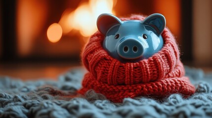Energy Cost Increase in Winter with Blue Piggy Bank in Red Scarf in Cozy Living Room by Fireplace