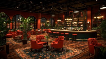 A stylish lounge rendered in 3D, showcasing comfortable furniture, a sleek bar area, and modern lighting, emphasizing elegance and relaxation.