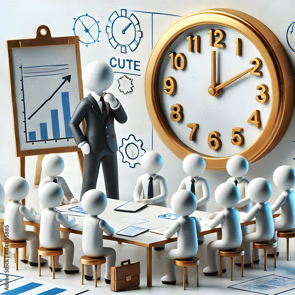 Aufkleber 3d manager conducting a team meeting with a wall clock in view concept as a manager leads a team mee