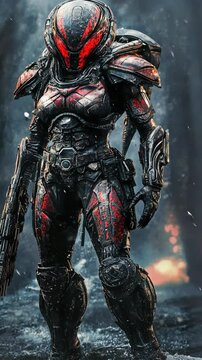 Warrior in armored suit stands ready for battle in a dark, smoky environment with a bold, menacing appearance and weapon in hand