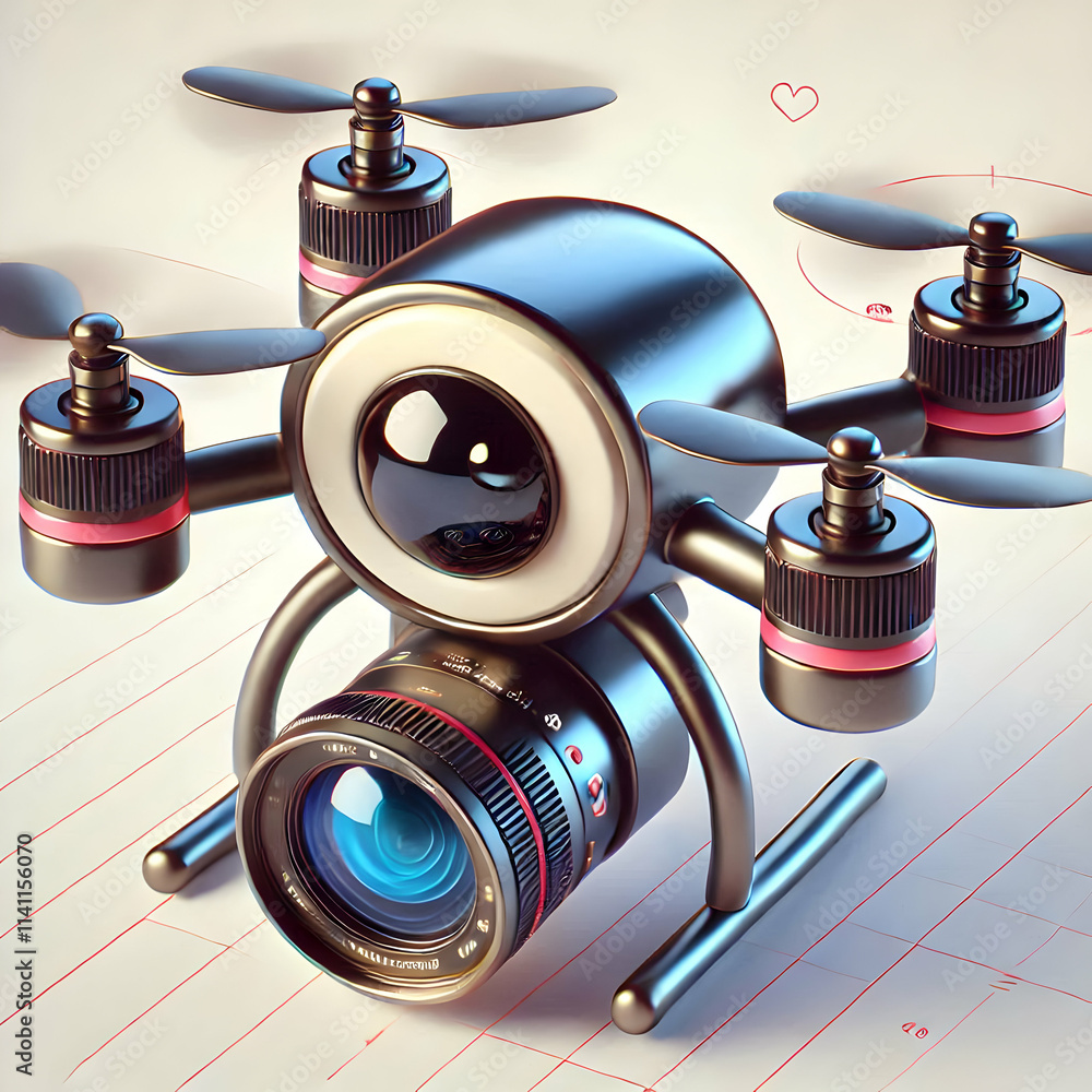 Poster 3d automated drone photography concept as a macro shot of an advanced drones camera lens capturing h