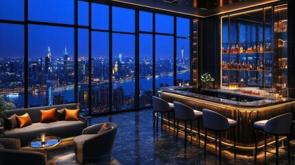 An empty lounge illustrated in 3D, showcasing a modern bar with glass accents, comfortable seating, and sophisticated decor for a refined look.